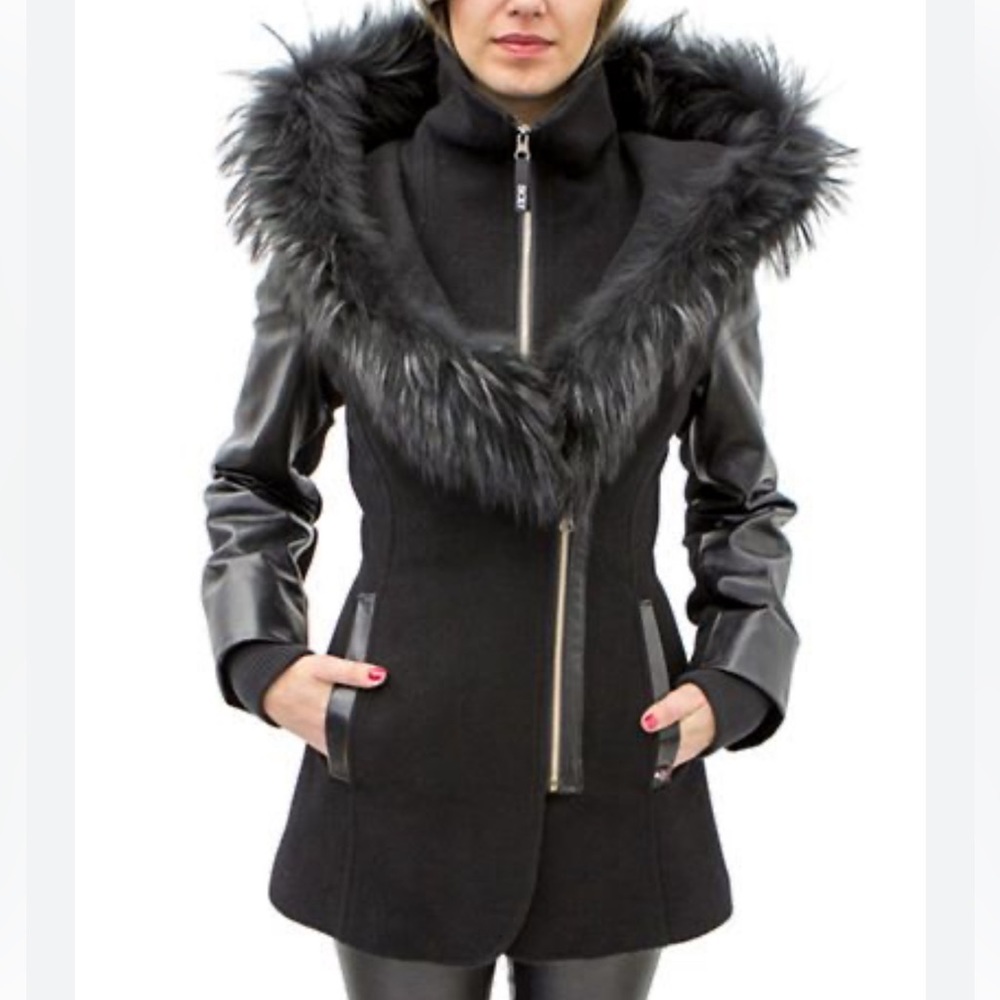 Size Large Black warm winter coat with fur hood double layer SICILY, brown fur L - Picture 15 of 16